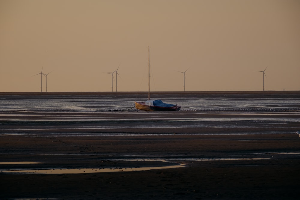 a small boat sitting on top of a wet beach