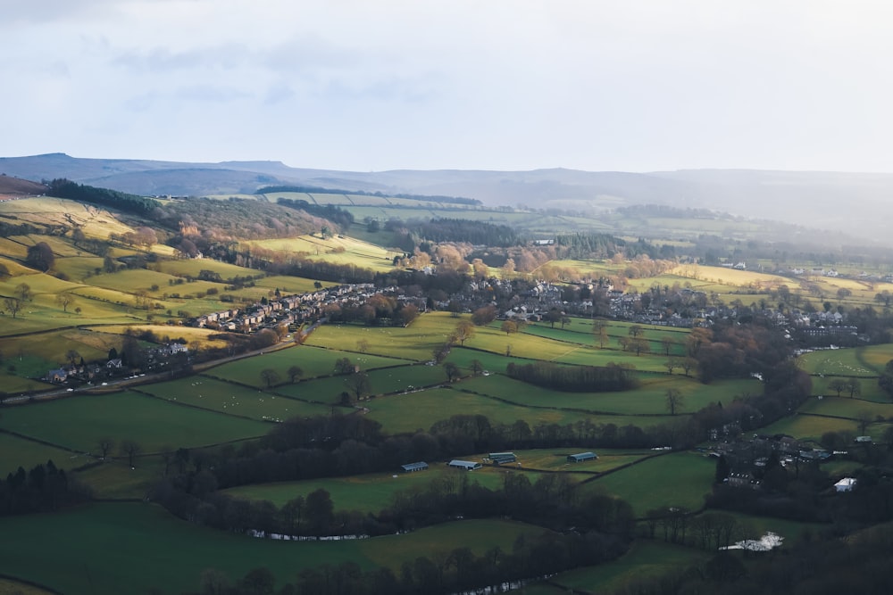 an aerial view of a small town in the countryside