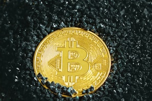 a bit coin sitting on top of a pile of black rocks