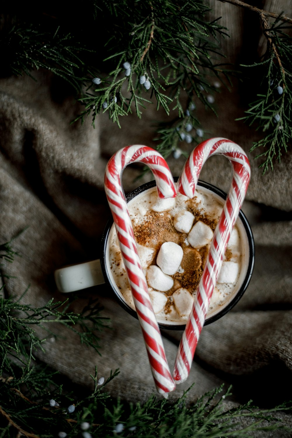 two candy canes in a mug of hot chocolate