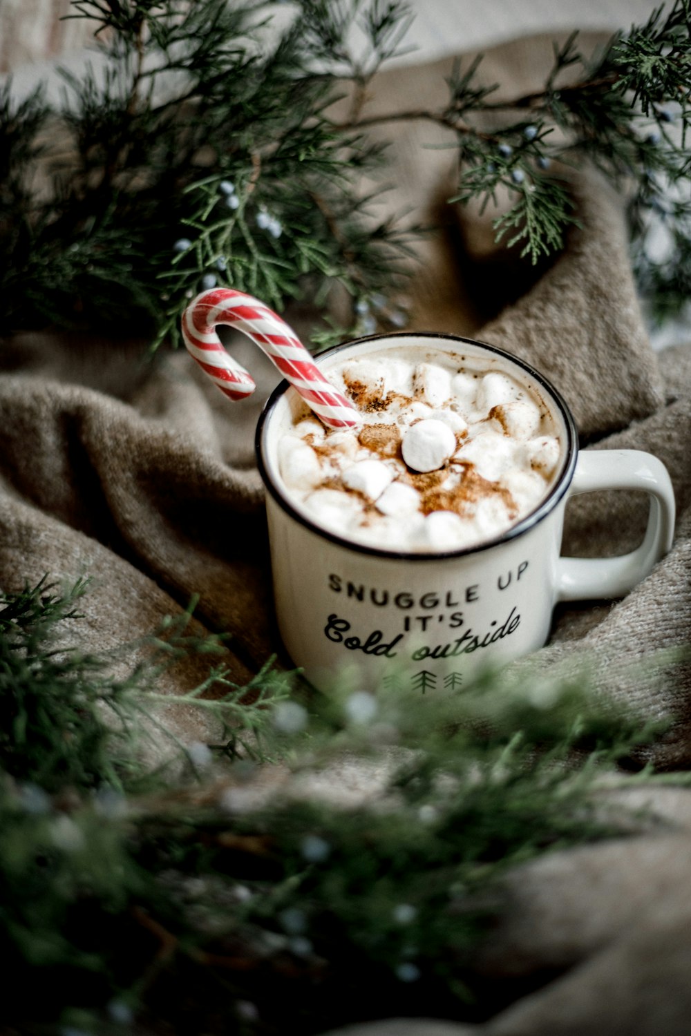 a cup of hot chocolate with marshmallows and a candy cane