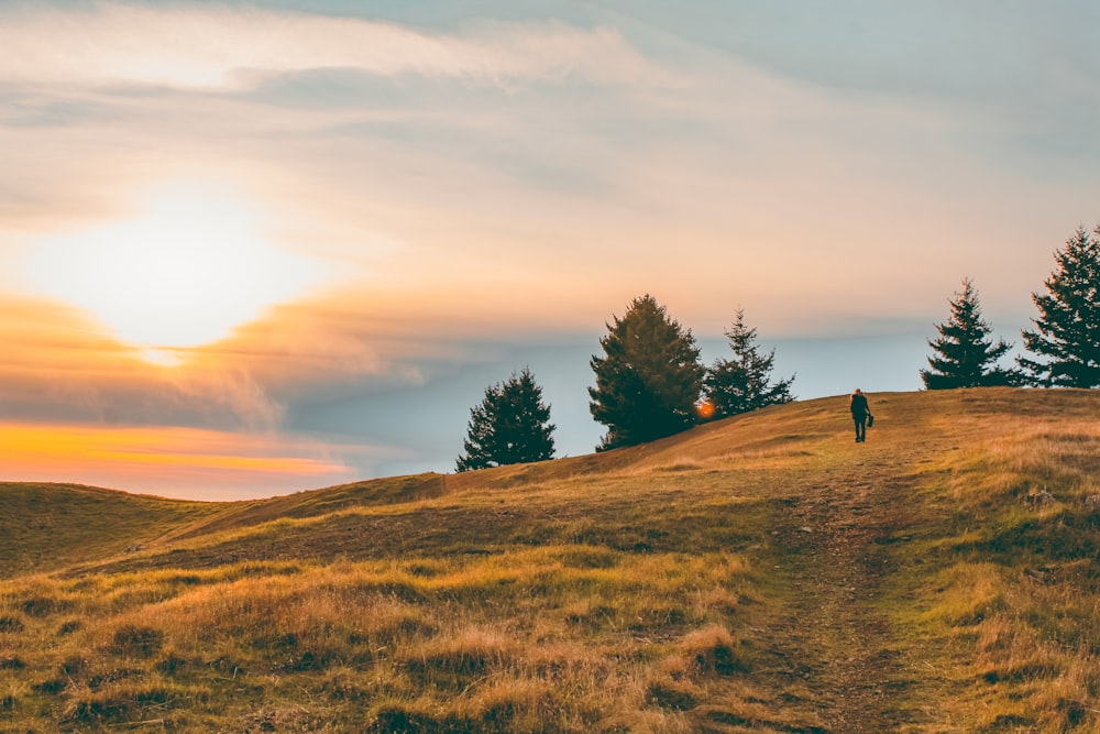 a person walking up a hill at sunset