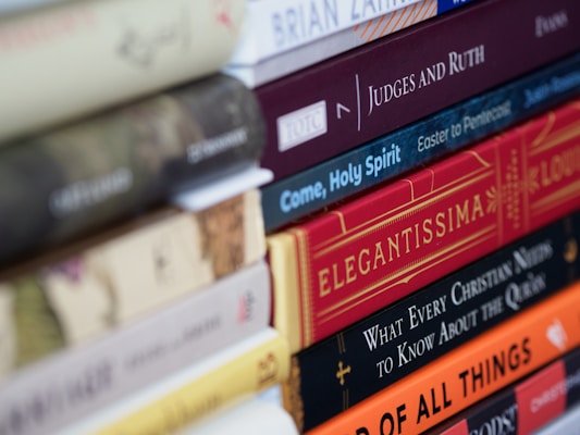 A close-up of a stack of various books, showcasing their colorful spines. Titles include 'Judges and Ruth', 'Come, Holy Spirit', 'Elegantissima', and 'What Every Christian Needs to Know About the Qur'an'. The spines display diverse fonts and colors, contributing to a vibrant and intellectual atmosphere.