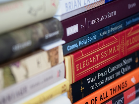 A close-up of a stack of various books, showcasing their colorful spines. Titles include 'Judges and Ruth', 'Come, Holy Spirit', 'Elegantissima', and 'What Every Christian Needs to Know About the Qur'an'. The spines display diverse fonts and colors, contributing to a vibrant and intellectual atmosphere.