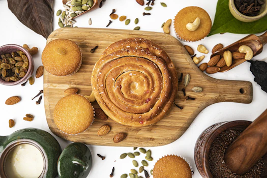 a wooden cutting board topped with lots of food