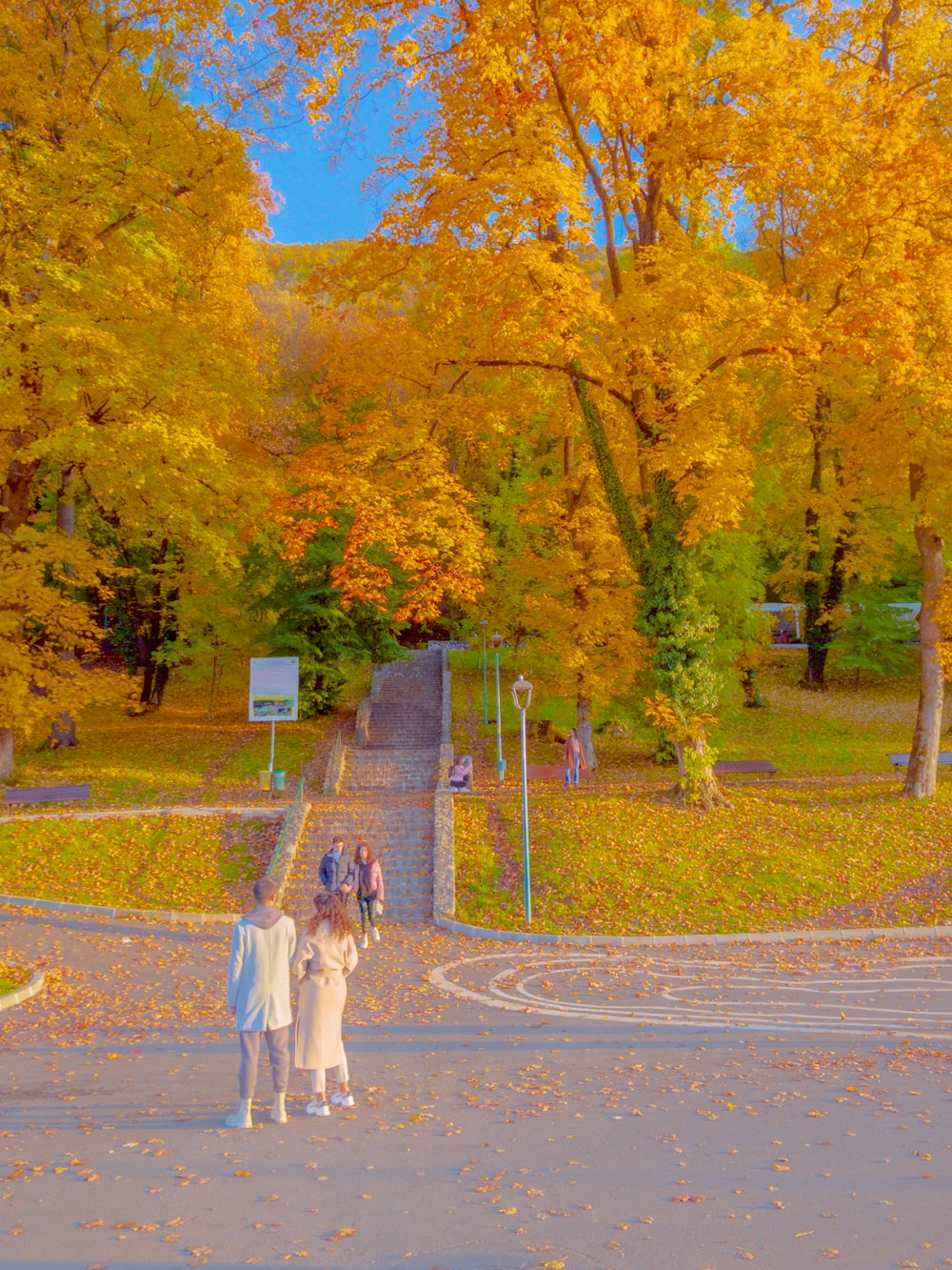 a group of people walking down a road in the fall