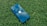 A blue smartphone with a visible Apple logo lies on a textured green grass surface. The phone's surface reflects a cloudy sky.