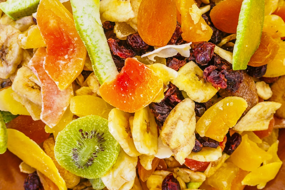 a close up of a mixture of fruit and nuts