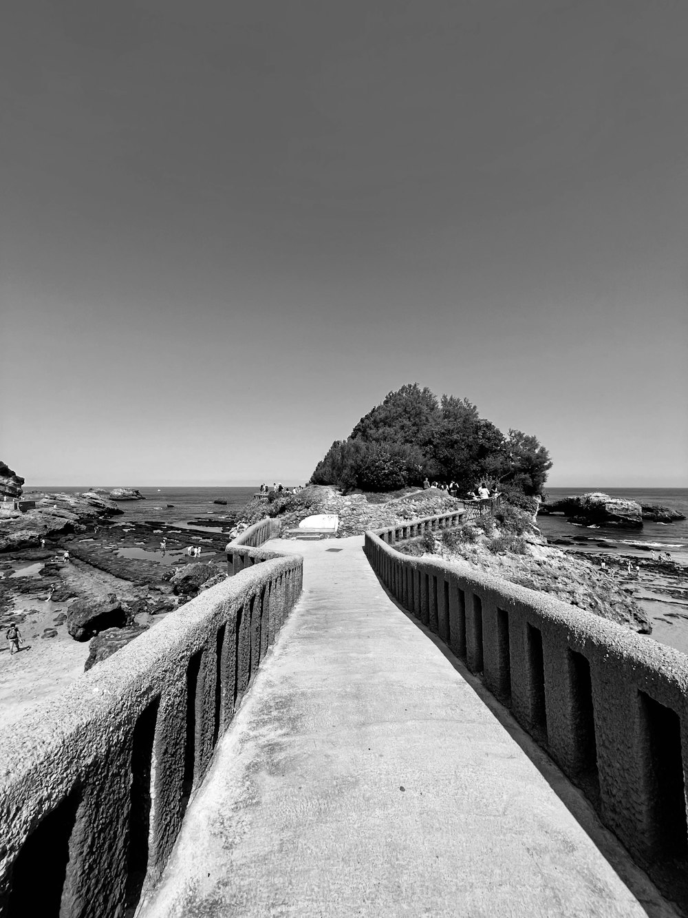 a black and white photo of a walkway near the ocean