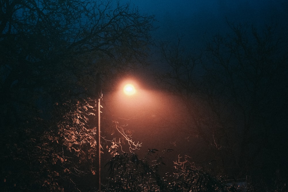 a street light on a dark street at night