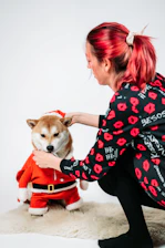 mujer acomodando al ropa navidena del perrito