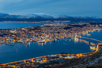 a city lit up at night with mountains in the background