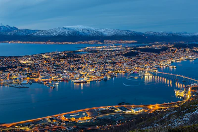 a city lit up at night with mountains in the background