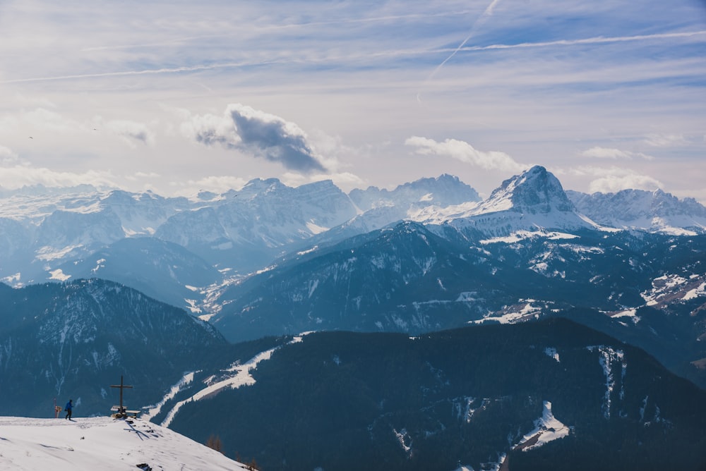 a view of a mountain range with a ski lift in the foreground