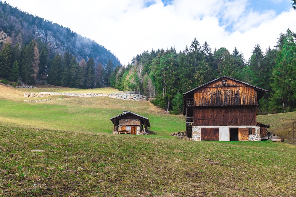 a couple of wooden buildings sitting on top of a lush green hillside