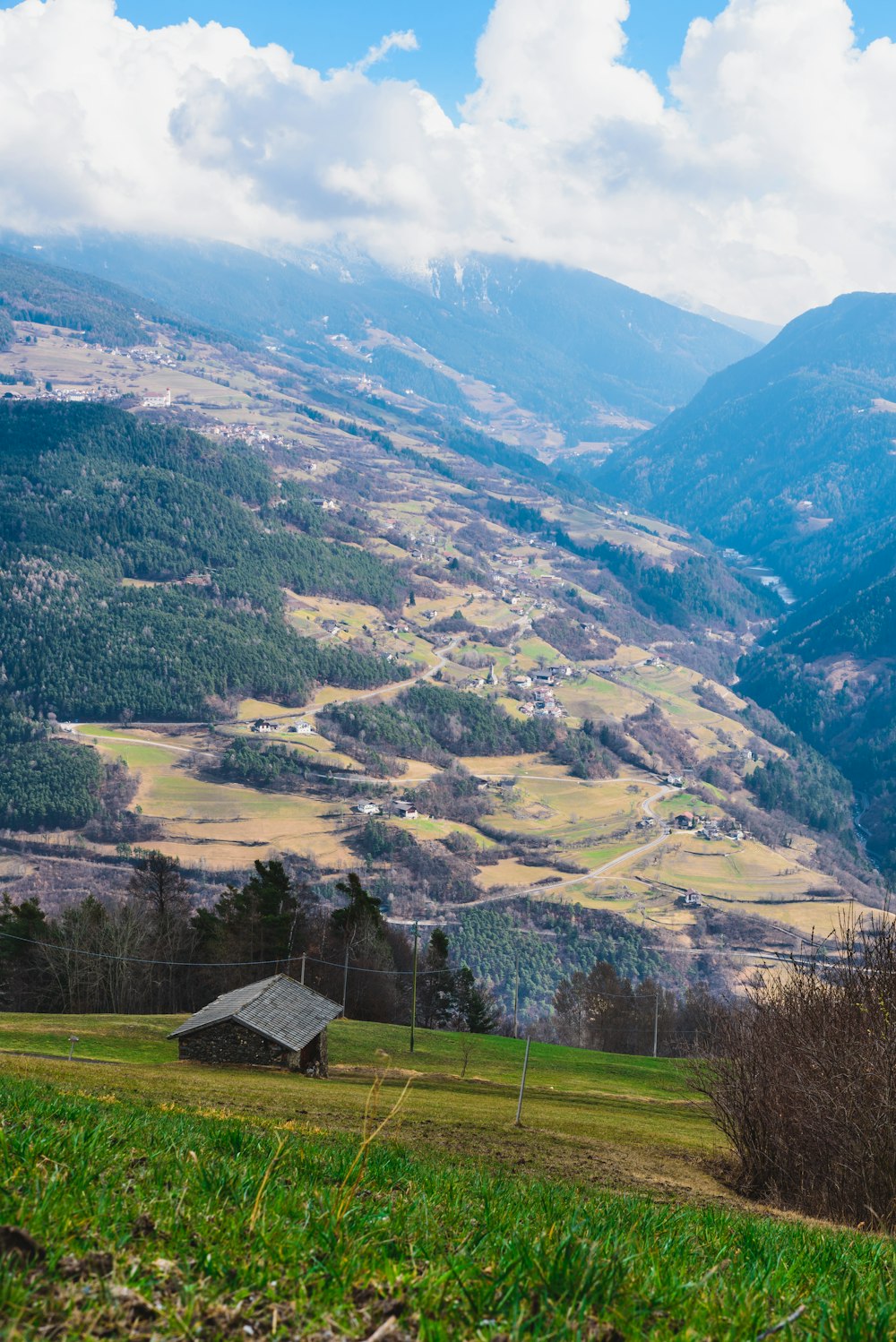 a scenic view of a valley with a mountain in the background