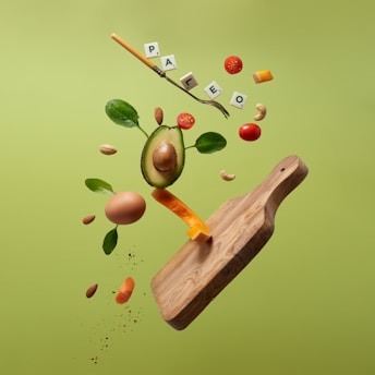 an avocado, tomato, lettuce, carrots, and letters