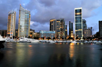 a city skyline with boats in the water