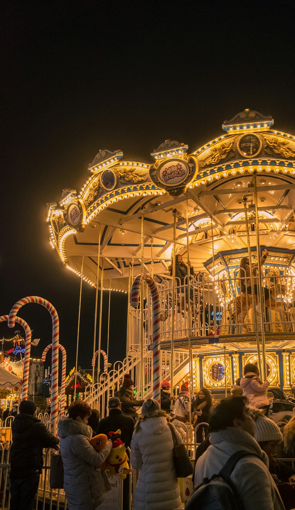 a group of people standing around a merry go round