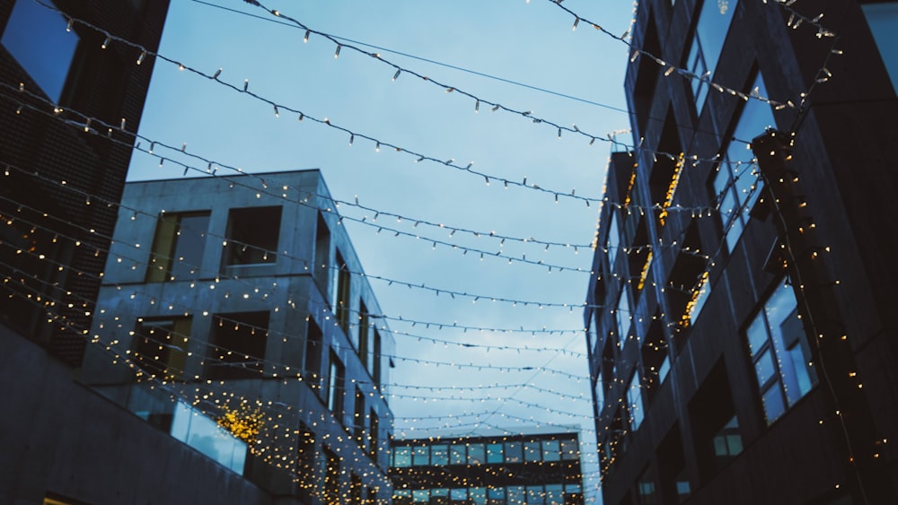 a couple of buildings that have some lights on them