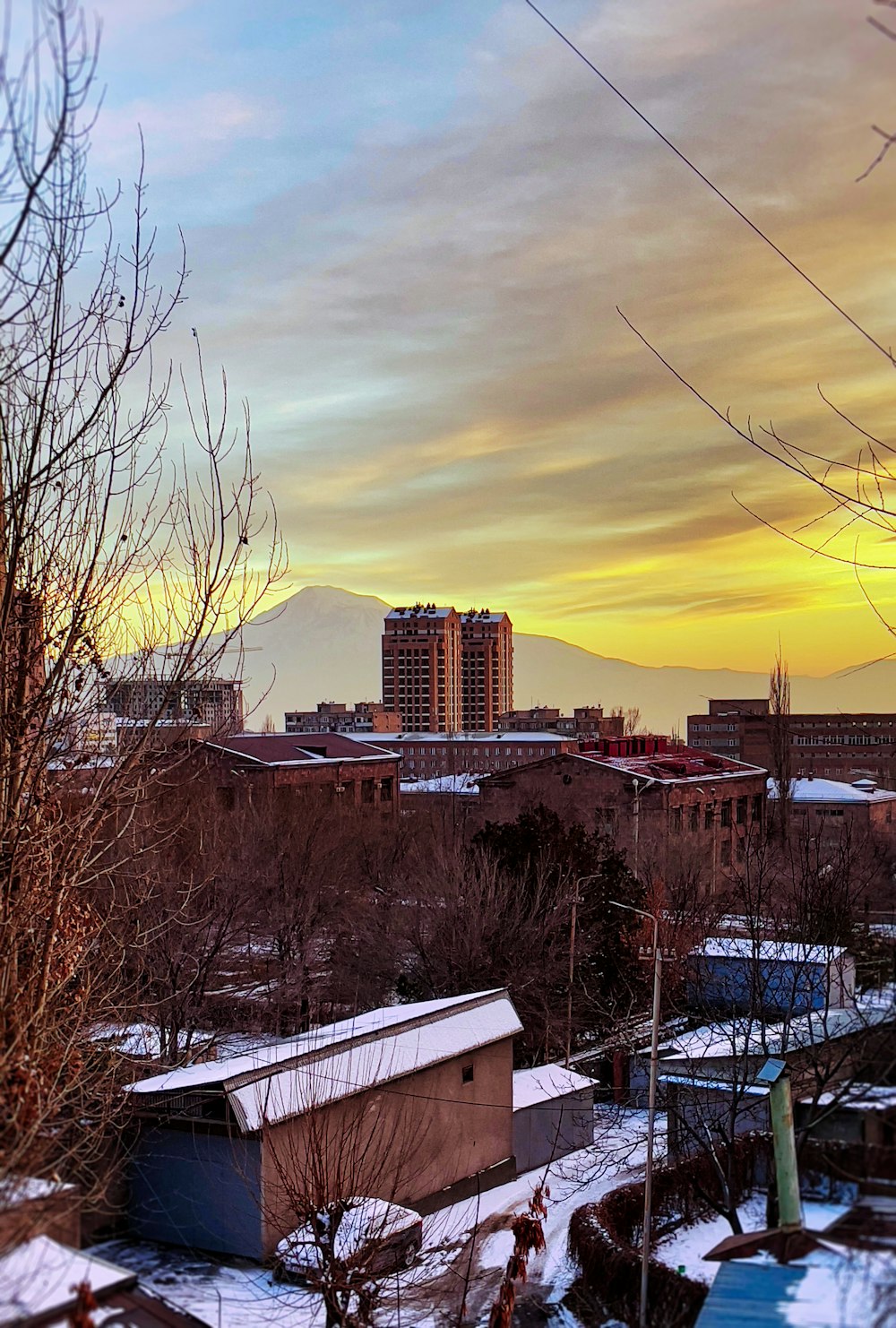 a view of a city with a mountain in the background