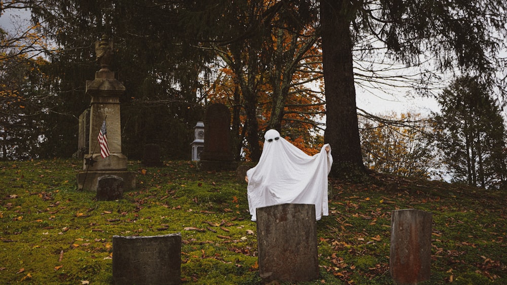 Ein geisterhafter Geist auf einem Friedhof mit einer Flagge darüber drapiert