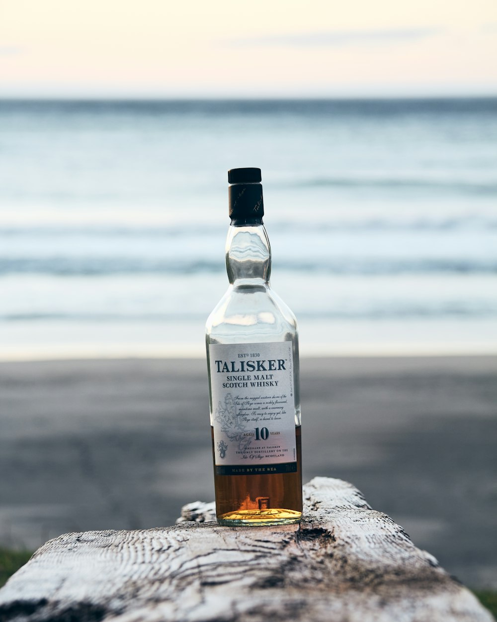 a bottle of talisker on a rock near the ocean