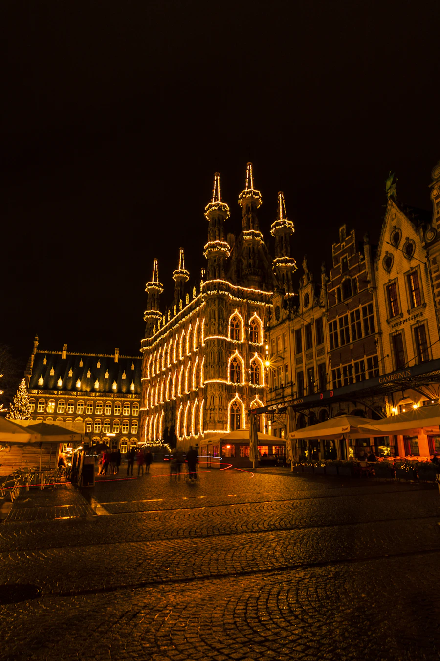 Ночная подсветка Grote Markt и ратуши Лёвена зимой