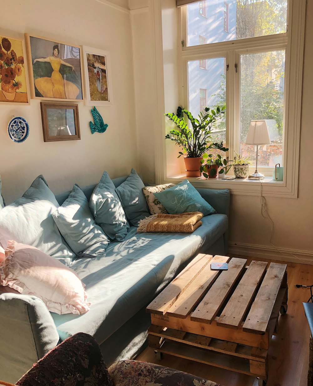 a living room with a couch and a coffee table