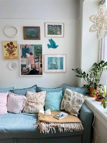 Cozy living room corner decorated with vivaaura's colorful home decor items.