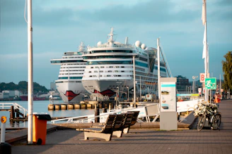 a large cruise ship docked at a pier