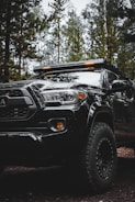 A rugged, black off-road vehicle is parked in a forest setting. The vehicle is equipped with large, all-terrain tires and has a roof-mounted light bar. The background shows tall trees with green foliage, and the lighting suggests a cloudy or overcast day.