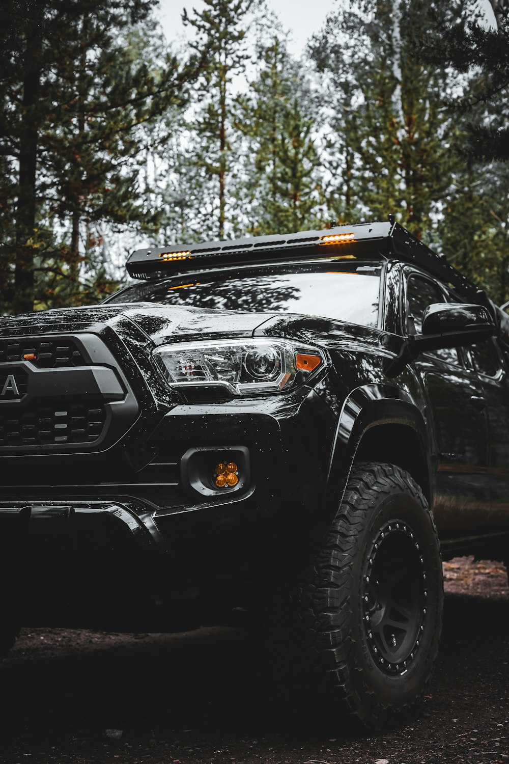 a black truck is parked in the woods