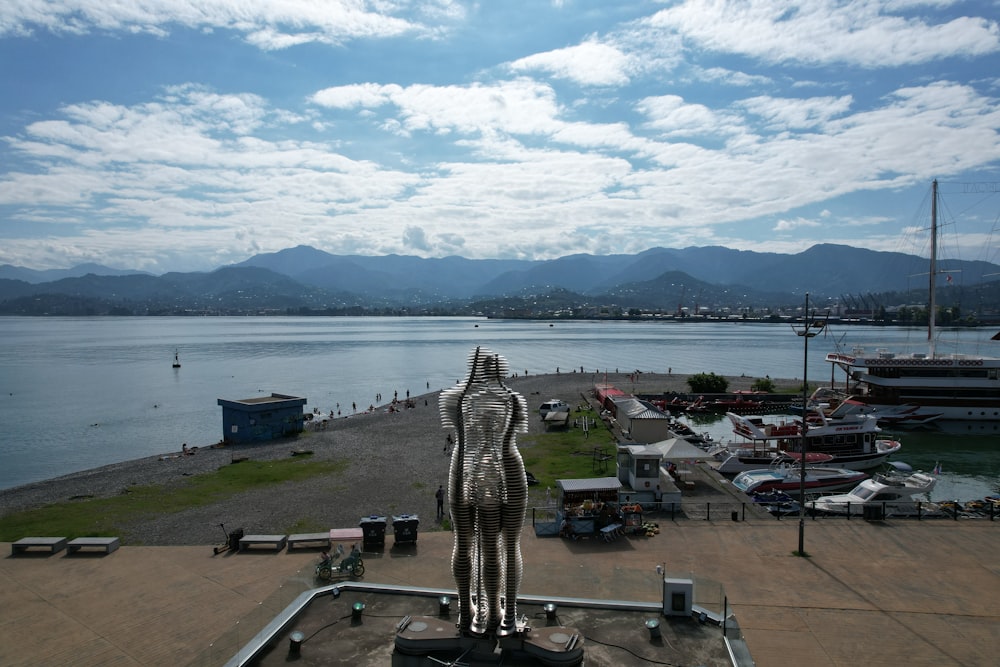 a statue of a man standing in front of a body of water