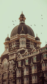 A building with many windows, birds in flight