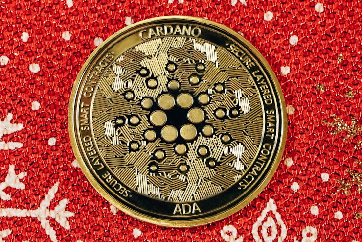 A black Cardano coin on a red background