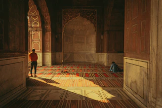 a person standing in a room with a rug on the floor