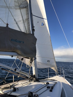 A sailor using Navipro app on a boat, navigating calm blue waters under a clear sky.