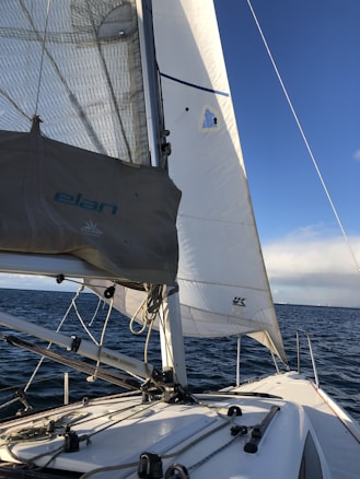 A sailing boat is navigating through calm waters under a clear blue sky. The sails are fully extended and taut, suggesting a good wind is aiding the voyage. The horizon is visible in the distance, meeting the ocean.