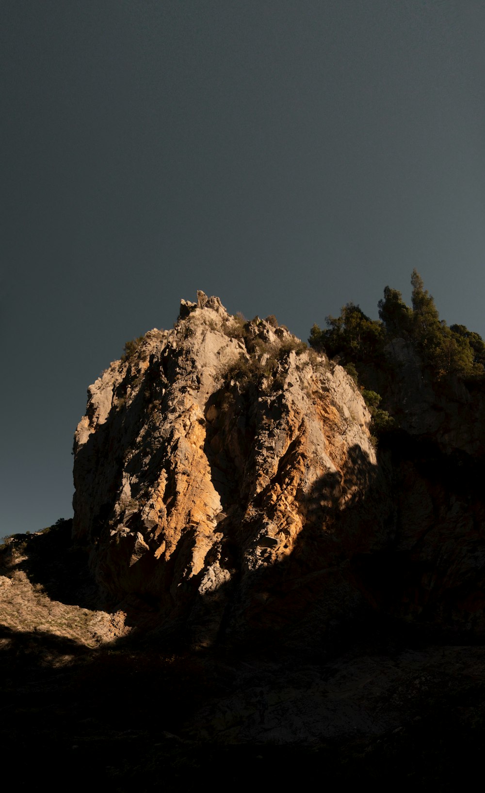 a bird flying over a rocky outcropping