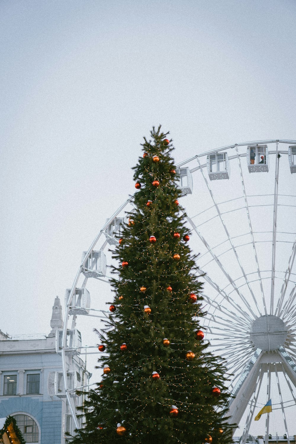 a large christmas tree in front of a ferris wheel