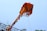A large, ornately decorated kite adorned with colorful garlands and tassels is flying against a clear blue sky. The kite features a vibrant mix of orange, red, and green flowers along with streamers that hang down. Below the kite, a structure and some greenery are visible.