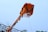 A large, ornately decorated kite adorned with colorful garlands and tassels is flying against a clear blue sky. The kite features a vibrant mix of orange, red, and green flowers along with streamers that hang down. Below the kite, a structure and some greenery are visible.