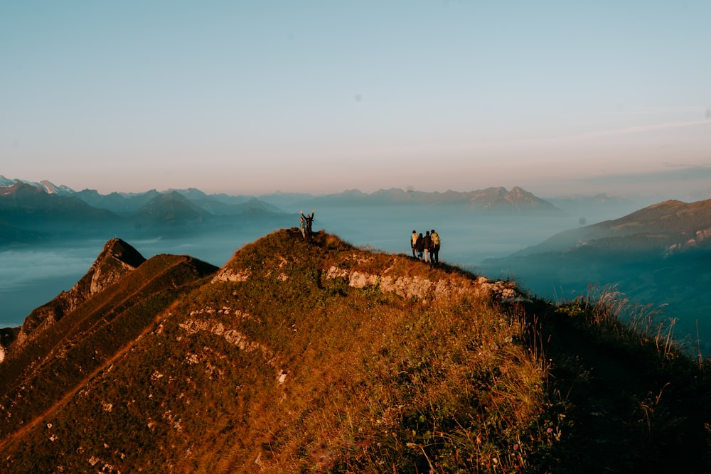 a couple of people standing on top of a mountain