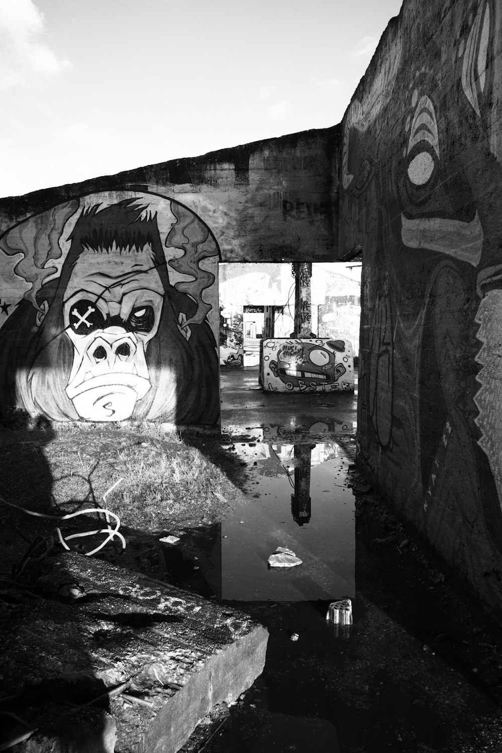 a black and white photo of graffiti on a wall