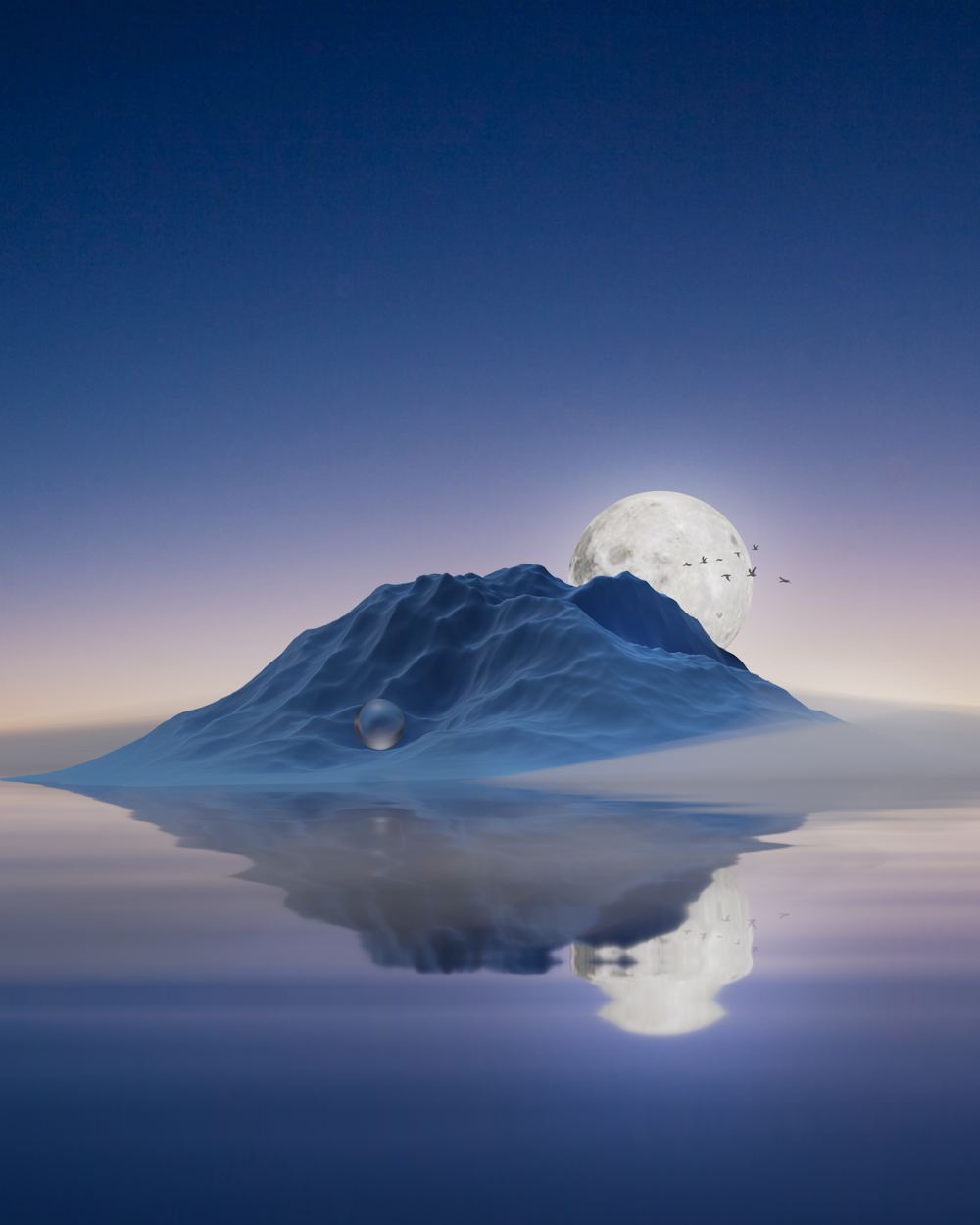 Una montagna con la luna piena nel cielo