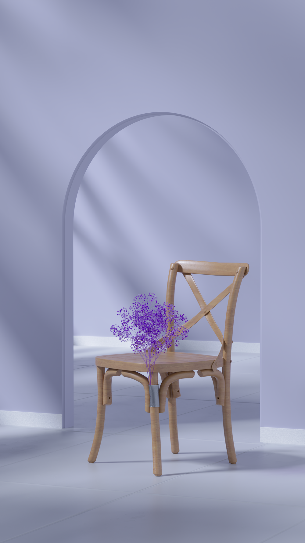 a chair and a table with a vase of flowers on it