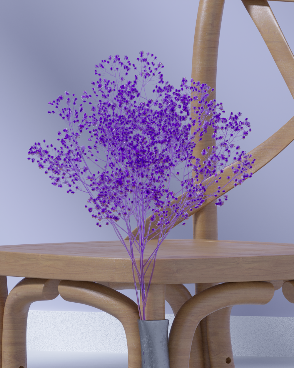 a vase filled with purple flowers sitting on top of a wooden chair