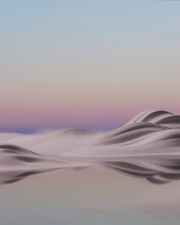 A serene lake reflecting pastel skies, surrounded by soft beige sand dunes.