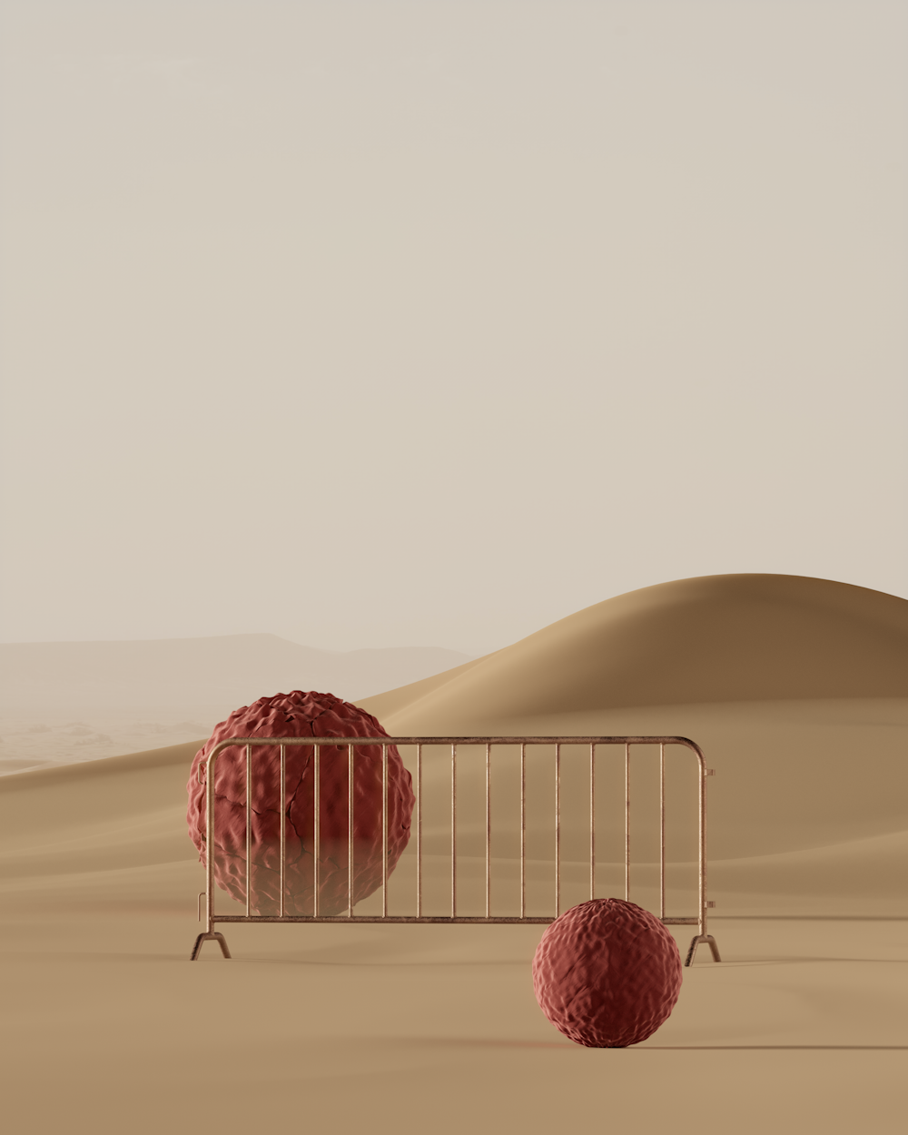 two red balls in a cage in the desert